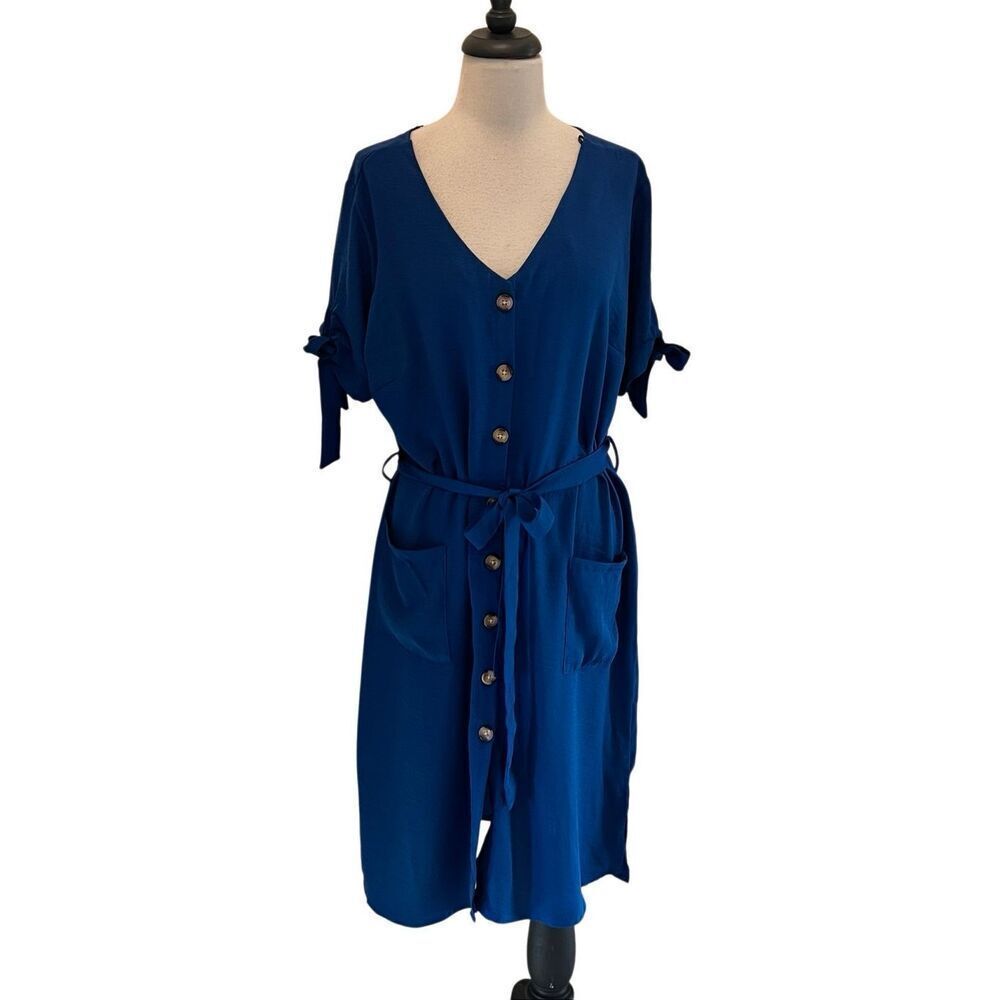 Millenium Women's Button Front Tie Belt Midi Dress Blue XL NWT
